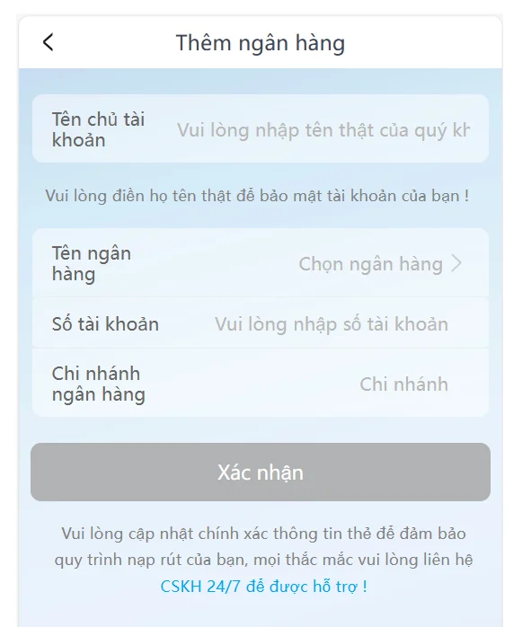 Thêm ngân hàng để tiến hành rút tiền